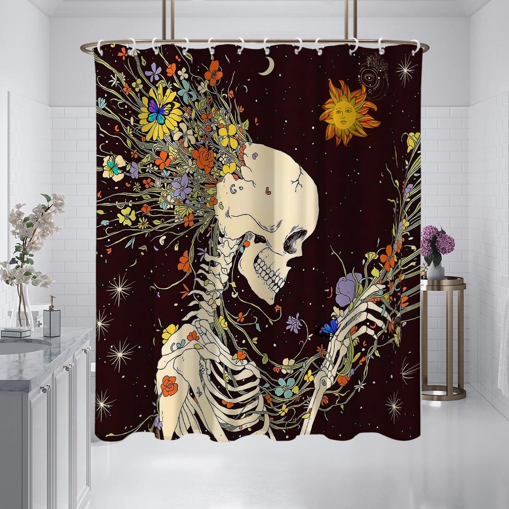 1pc Halloween Skull Print Waterproof Shower Partition Privacy Hanging Curtain with 12 Hooks Multiple Sizes Machine Washable