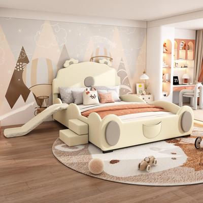 Letto imbottito letto per bambini 140x200cm letto cartone animato luce LED che cambia colore scivolo scala adulti giovani materiale PU senza materasso beige