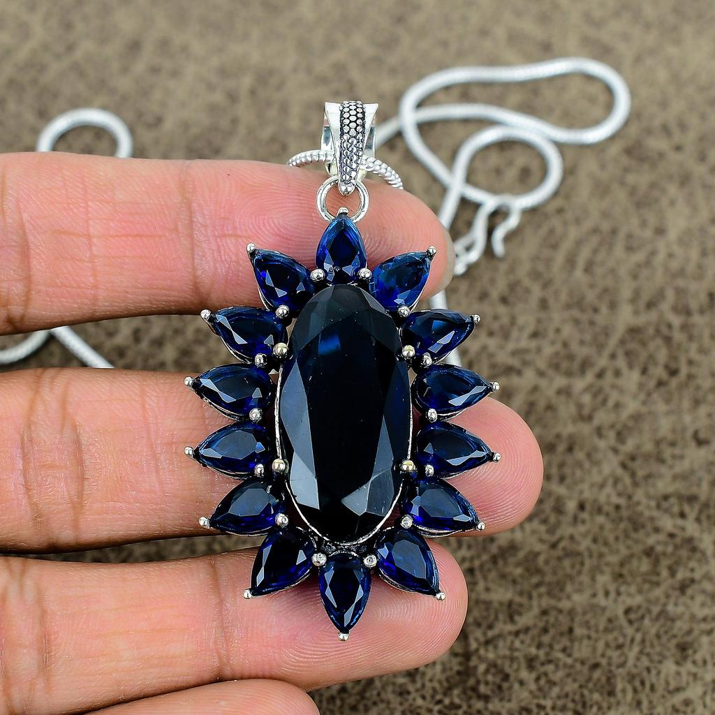 Blue Topaz Gemstone Handmade 925 Sterling Silver Jewelry Pendant 2.48" KKG-274