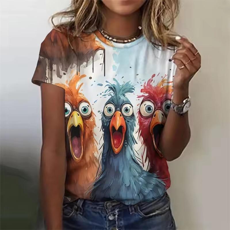 Summer Fashion Round Neck Short Sleeved Top with Cute Chicken Pattern Printed Women’s T-shirts
