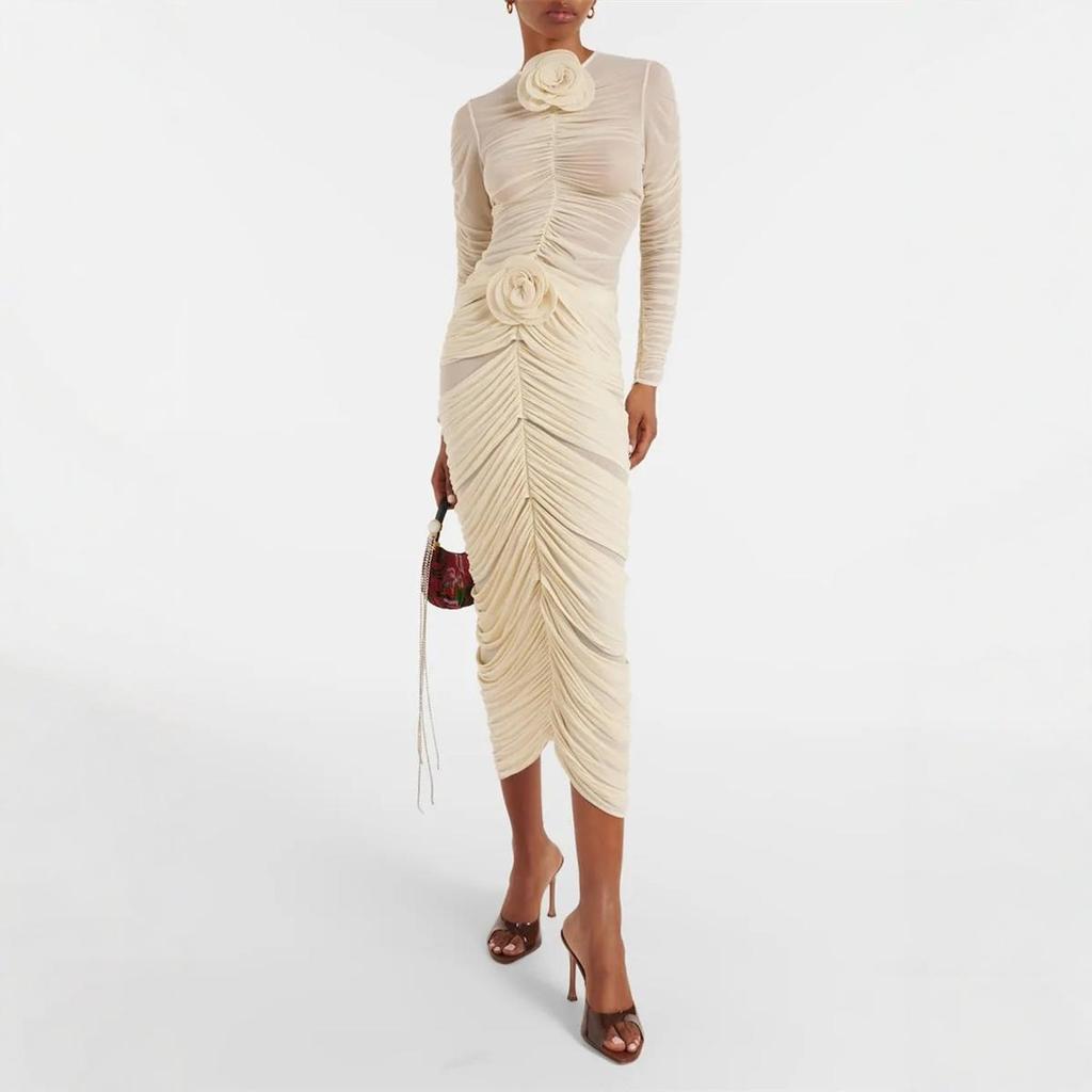 Spring/Summer 2024 French Ruched Bodycon Midi Dress with 3D Flowers