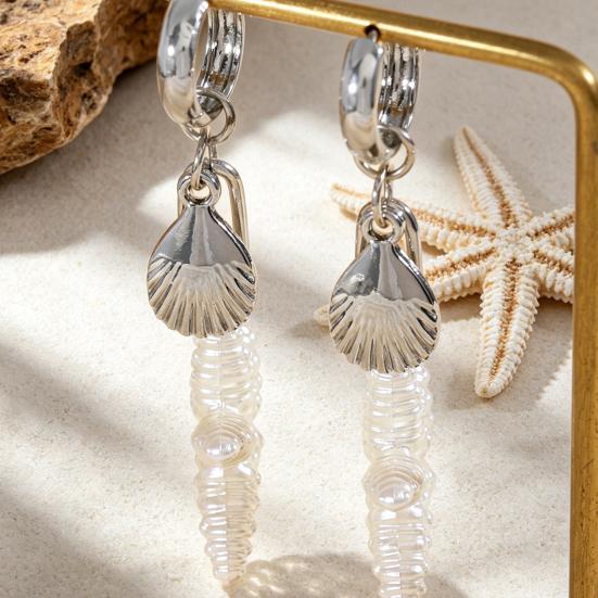 1 Pair Women Earrings, Starfish Shell Charm Long Tassel Earrings, Imitation Pearl Texture Ear Buckle Design Leverback Earrings for Summer Jewelry Gift