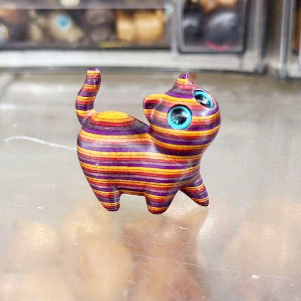 Mini Wooden Carved Figurine Kawaii Animal Sculpture Rainbow Car Ornament Office