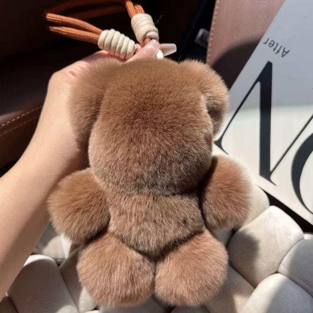

Genuine Rex Rabbit Fur Bear Keychain Plush Toy for Car, Sofa, or Bag Ornament 15 cm