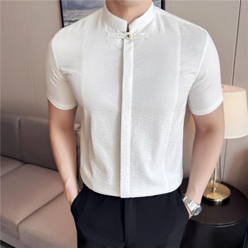 Chemise Décontractée Homme Style Chinois Col Mao Coupe Slim Chemises Pour Homme Mode Été Mince Manches Courtes Blouse Homme
