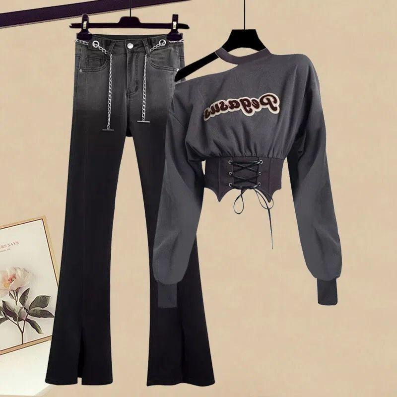 

Весенне-осенние женские брюки-карго в стиле Харадзюку, красивый крутой костюм из двух предметов с цепочкой и длинными рукавами + джинсы