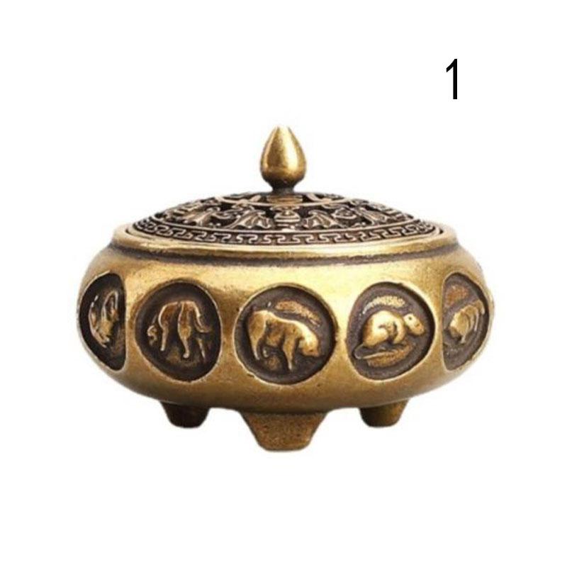

1PC Retro Copper Incense Burner Incense Holder With Cover Twelve Chinese Zodiac Sign Censer Carving Desktop Ornament as pic