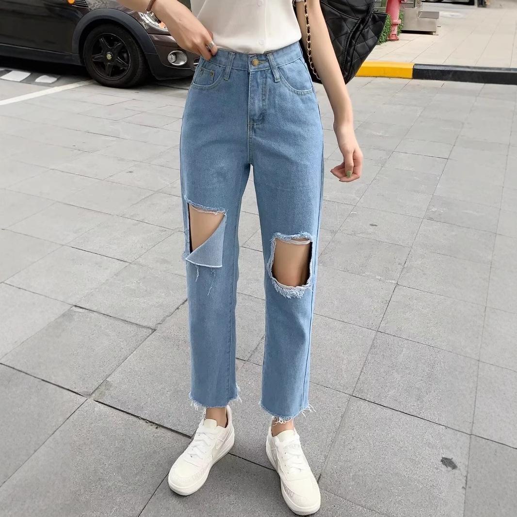 

Women s High-Waisted Slimming Petite Ripped Jeans - Loose Straight-Leg, Plus Size, 9-Point Length, Thin for Spring & Autumn. XL