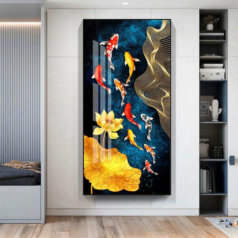 Abstract Nine Koi Fish Canvas Painting Nasturtium Poster Home Decor Wall Art Picture Aisle Living Room Interior Decoration
