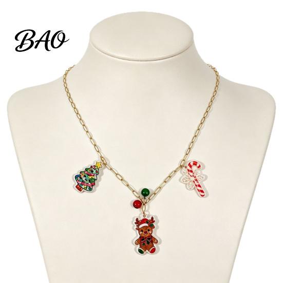 Holiday Theme Necklace Christmas Charms for Women, Cute Elk Tree Candy Cane Alloy with Bells, Festive Jewelry Party Outfit