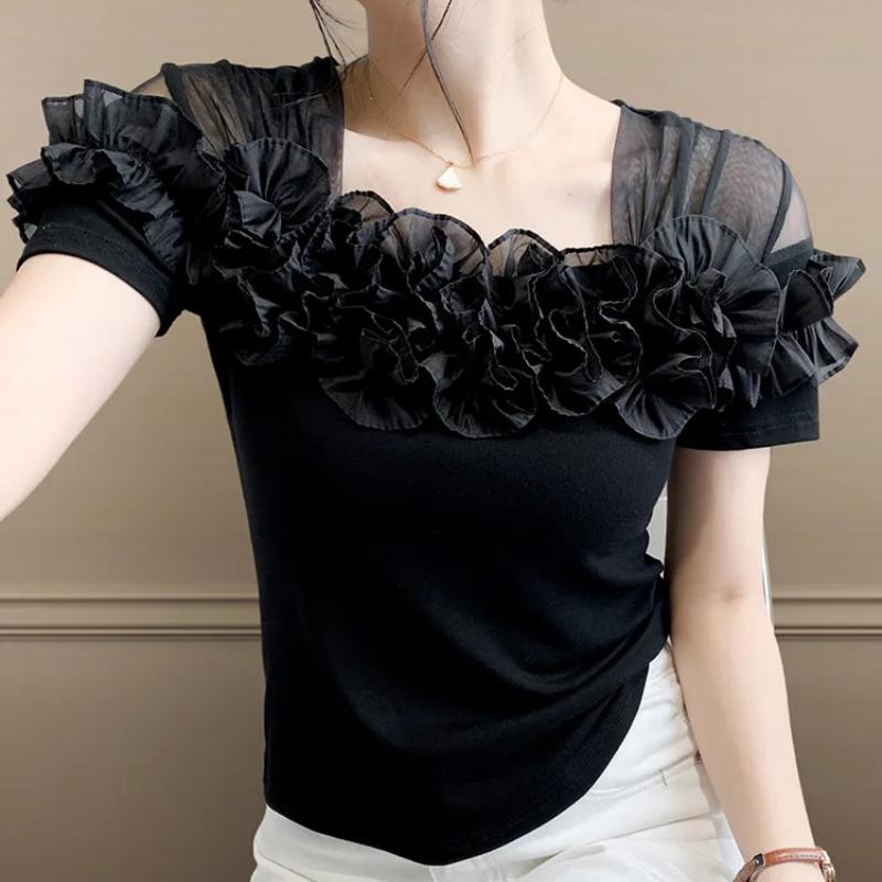Klassisk Sommer Dame Mesh Volang Blomsterpynt Firkantet Krage Kort Ermet T-skjorte Elegant Boutique Dame Casual Topper T-skjorter