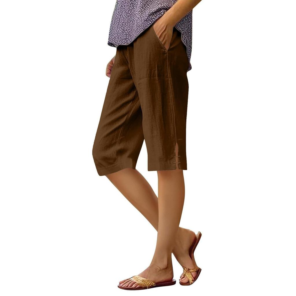 Women's Fashion Color Loose Pocket Elastic Waist Cotton Linen Casual Five Pants