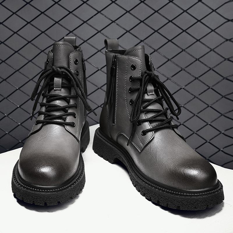 Fashion Mens Ankle Boots Winter Hiking Motorcycle Boots Casual Fashion Low-heeled Genuine Leather High Top Black Warm Cotton Shoes