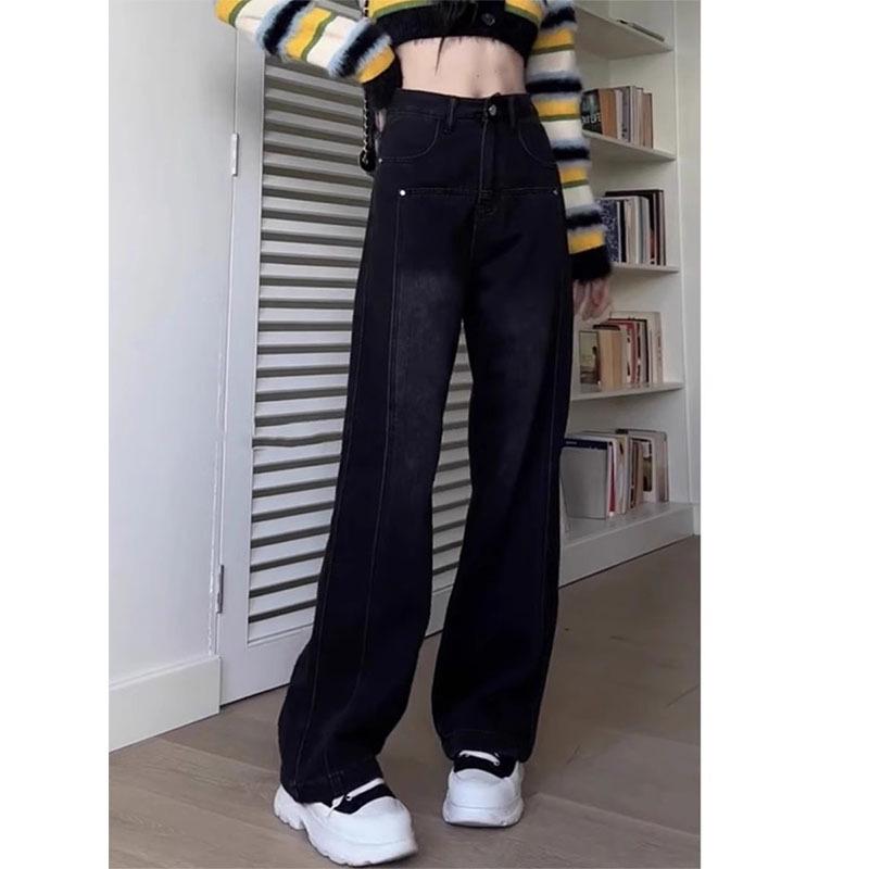 Women's Black Fleece-Lined Straight-Leg Jeans, Plus Size, Slimming Fit, Autumn/Winter 2024 Collection