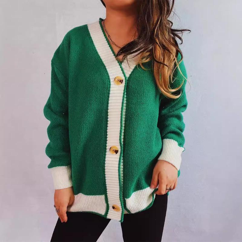 Color Blocking Cardigan V-neck Sweater Women's Loose Knitted Coat Large Size Knitwear Soft Fabric Warm Comfortable Harajuku Style Autumn Winter