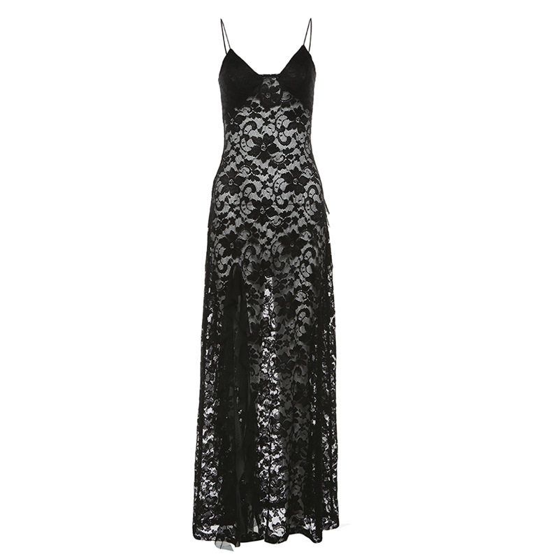 

2024 Cross-Border European and American Style Summer New Women s Fashion Solid Color Slim High-Waisted V-Neck Strap Mesh Dress Black S
