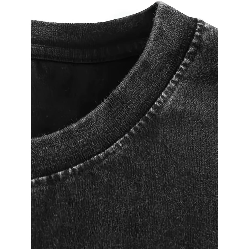 Letter Print Vintage Distressed Comfy Cotton T-shirt, Men's Casual Street Style Stretch Round Neck Tee Shirt for Summer