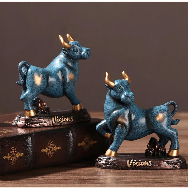 Resin Animal Bull Sculptures and Figurines Cute Home Room Office Table Decoration and Accessories Wealth Luck Feng Shui Decor