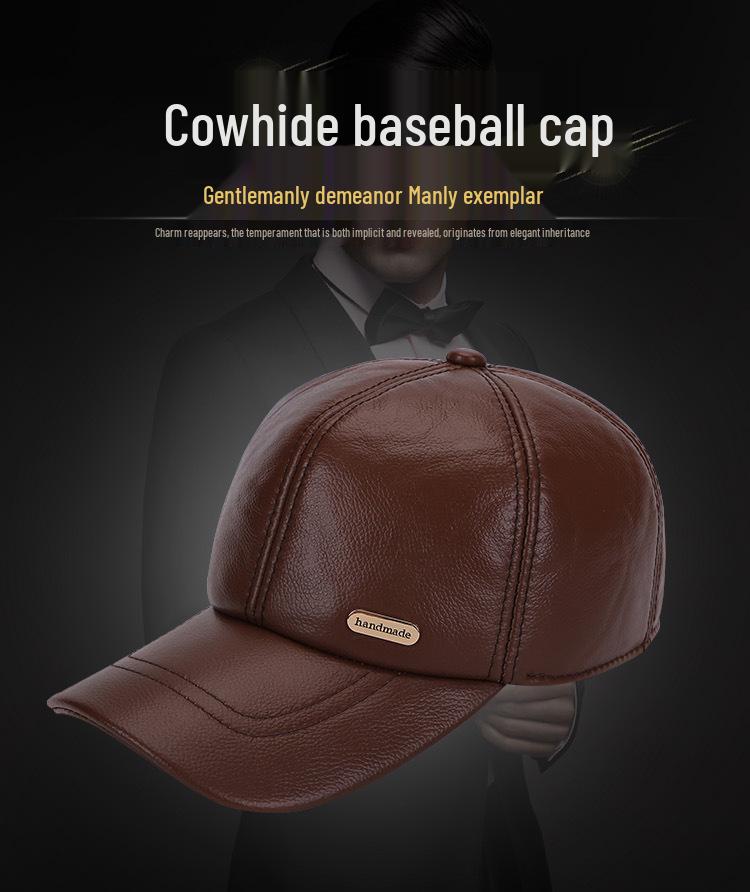 Genuine Leather Cowhide Baseball Cap with Ear Flaps, Adjustable Fleece-Lined Winter Duckbill Hat for Middle-Aged and Elderly Men.
