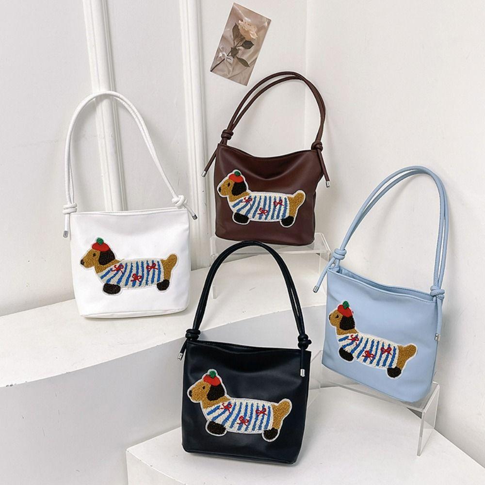 Square Bag Embroidery Shoulder Bag Towel Dachshund Puppy Underarm Bag Sweet   Women