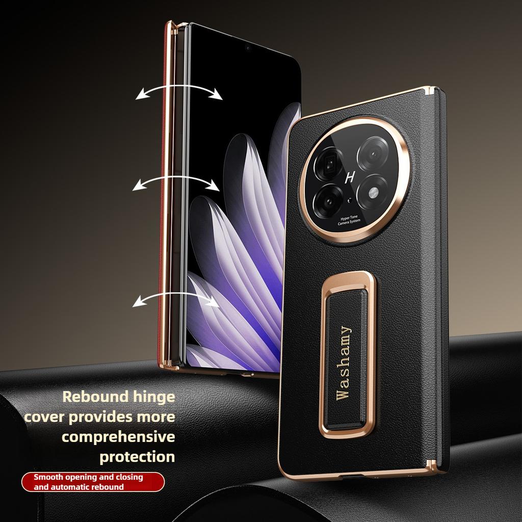 Luxury Magnetic Electroplated Genuine Cowhide Leather Case for OPPO Find N5 Axis Rotary Alloy Wrist Strap Bracket Hard Shell