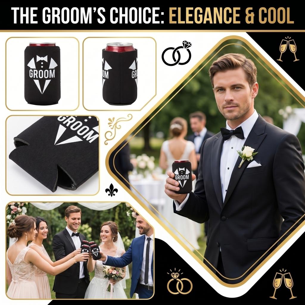 Party Drink Can Cooler Sleeve Insulated Beverage Holder for Standard 12oz Cans with Groom Print Design Suitable for Weddings and Events