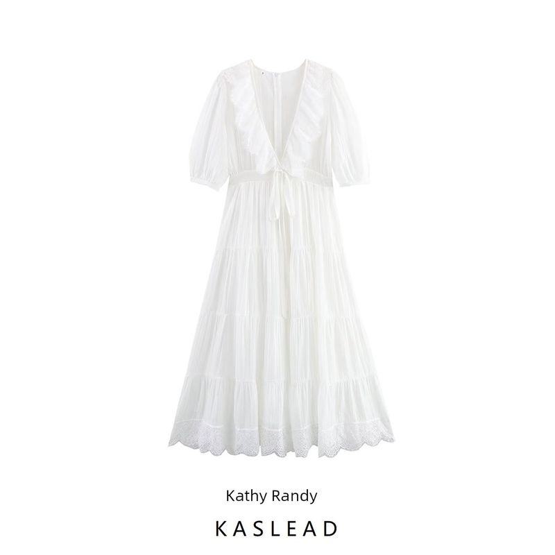 Kaslead New Women clothes Western Style Fashion Simple Stitching Lace Pure Desire Style Deep V Dress