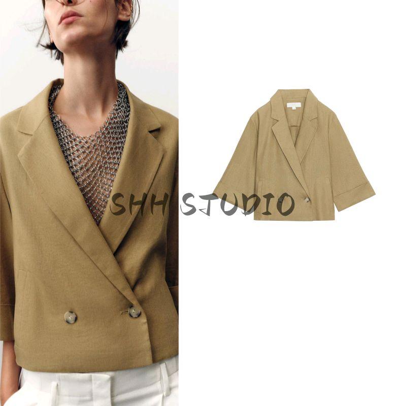 New Fall Women's Clothing Loose Fashion Linen V Neck Single Buckle Easiest for Match Short Suit Outwear 8141709