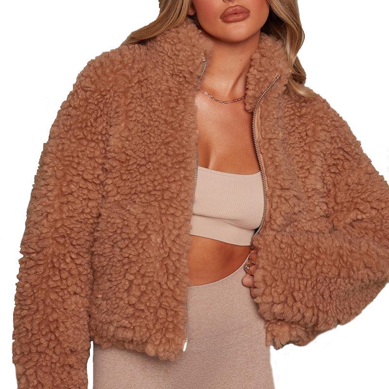2025 Autumn/Winter European and American Women's Plush Lambswool Short Cardigan Jacket