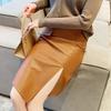 Korean Fashion Autumn Women's Solid Color Zipper Asymmetrical High Waist Split Slim Bag Hip Mid-length A-line PU Leather Skirt