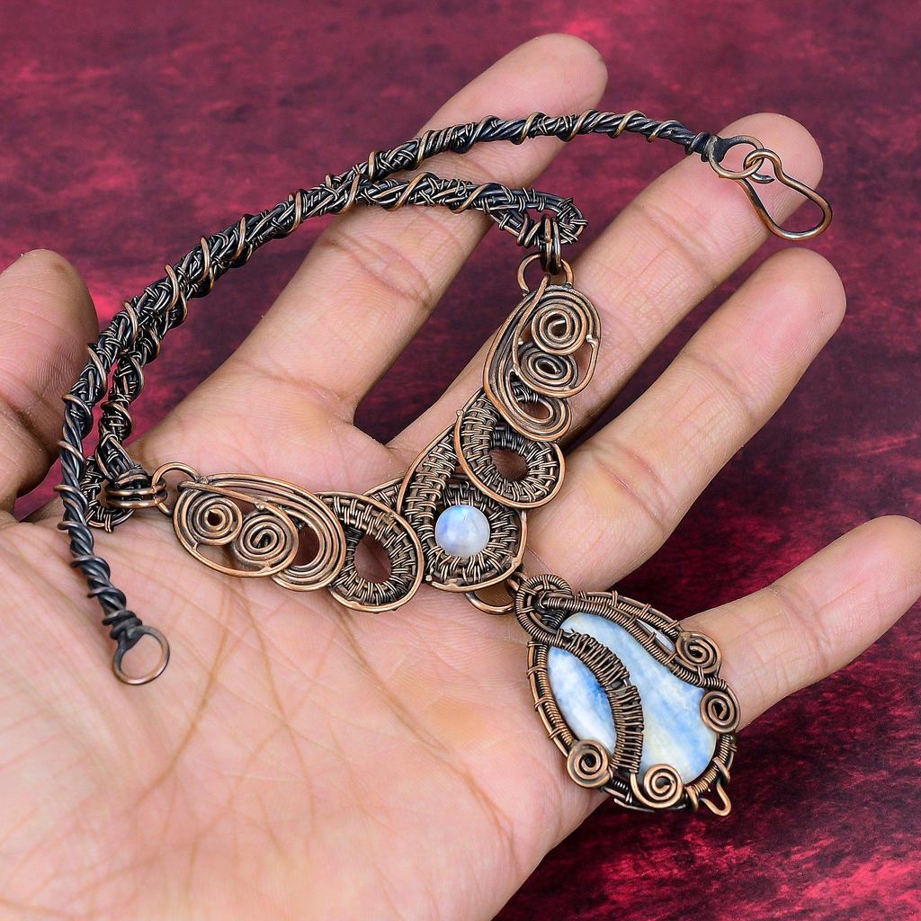 Blue Scheelite Necklace Copper Wire Wrapped Gemstone Jewelry Rainbow Moonstone Necklace Copper Handmade Necklace Gifts for Mom Wire Necklace