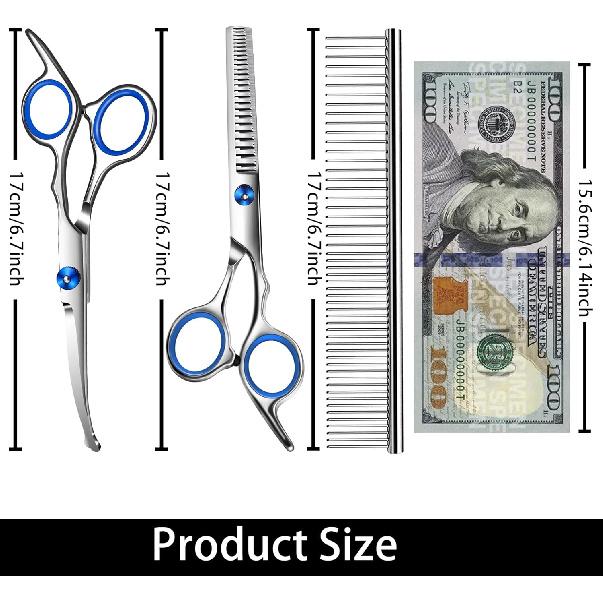 Dog Grooming Scissors with Safety Round Tip,Pet Grooming Scissors Kit,Dog Shears for Grooming,Incude Thinning,Curved Grooming Scissors and Comb for