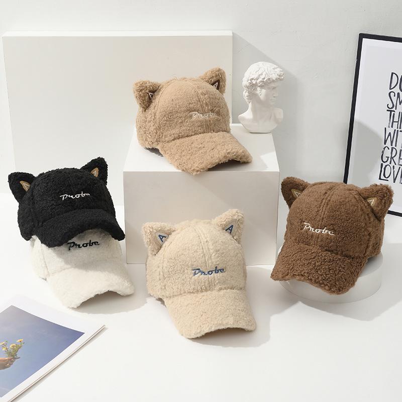 Autumn and Winter Lamb Fur Baseball Cap Warm and Deep Adjustable Head Circumference Plush Baseball Hat Cute Cartoon Cat Ears