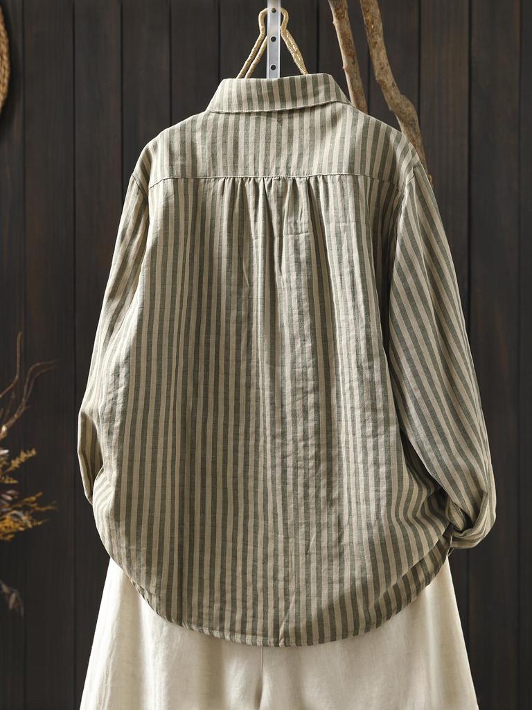 2026 Spring Women's Long Sleeve Retro Vertical Striped Cotton Gauze Shirt