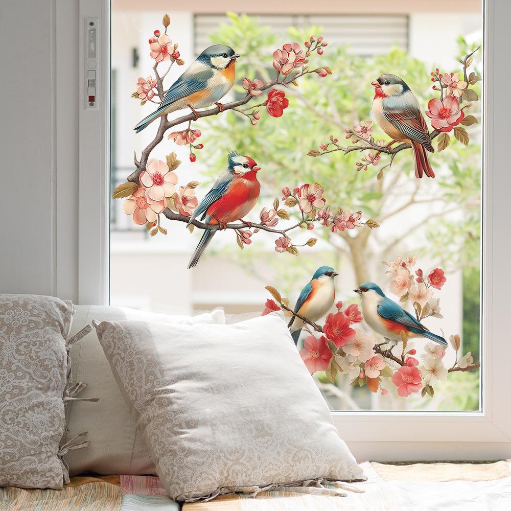 Malované větve a listy broskvoní, ptáci, ložnice, obývací pokoj, domácí dekorace, samolepky na zeď