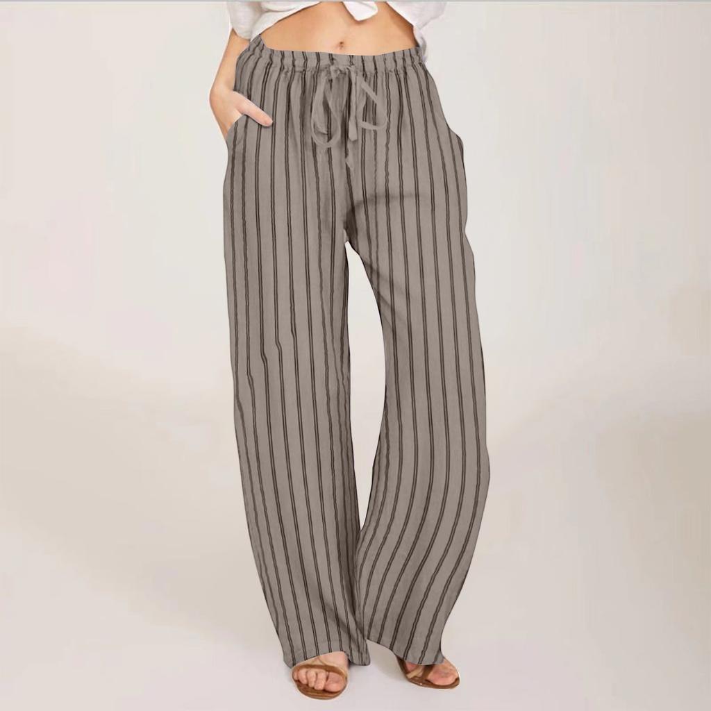 Ladies' Loose, Comfortable, Casual, Fashionable Striped Cotton And Linen Pants With Pockets