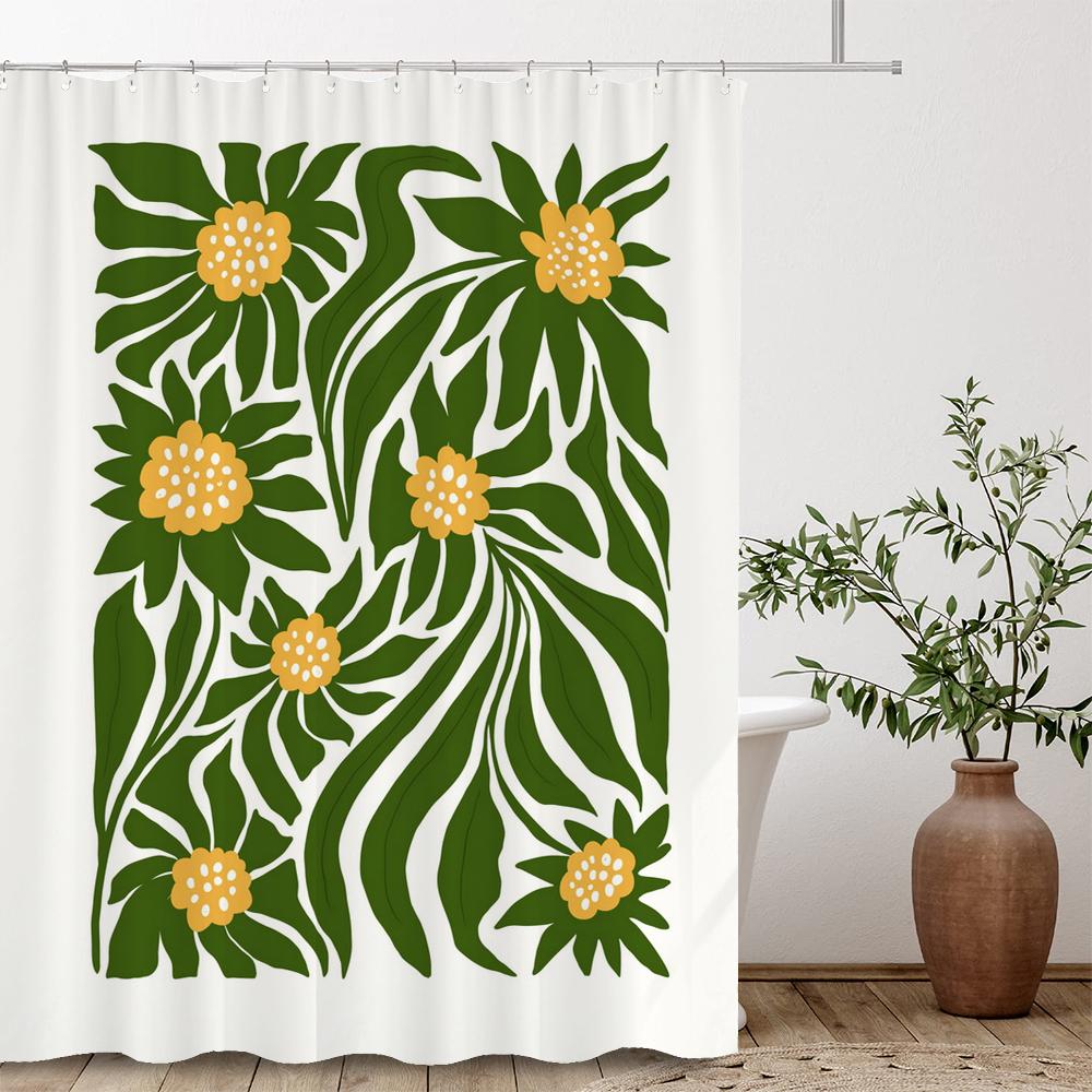 Artistic Abstract Plants and Flowers Print Shower Curtain Polyester Fabric Bath Curtain With Hooks Curtains For Bathroom Decor