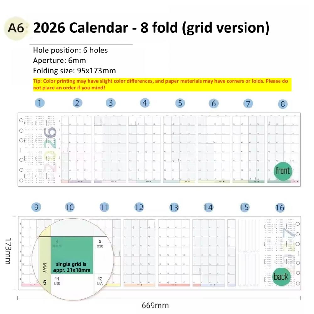 Calendario 2026 A6 A7 A8 M5 Anual Mensual Planificador de Calendario Páginas Interiores Hojas Sueltas Núcleo de Repuesto Recambios Papel Manual de Bricolaje