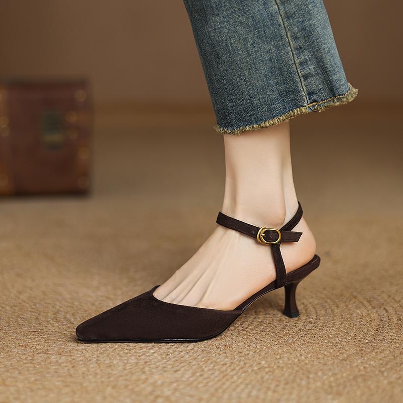 Fashion 2025 Summer Sandals Genuine Leather Fashion Women Shoes Pointed Toe High Heel Women Pumps Cover Toe Sandals for Women Handmade