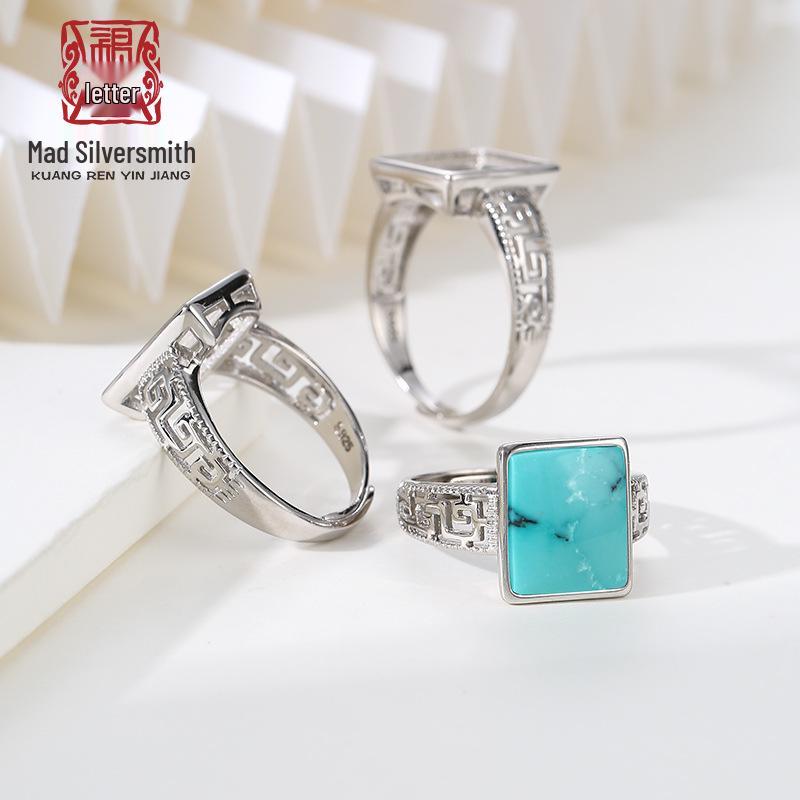 

S925 Sterling Silver Square Pattern Ring with Amber Gemstone, Unisex 10*12 Setting Adjustable Opening