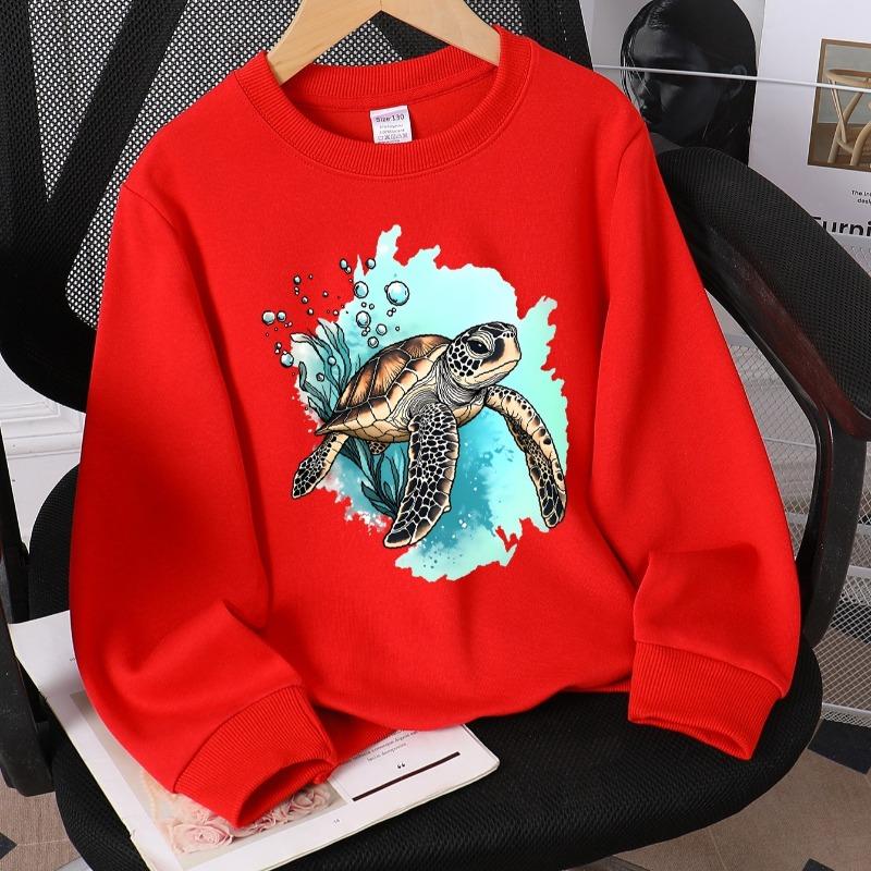 Kids Crewneck Sweatshirt, Sea Turtle with Bubbles & Seaweed Print