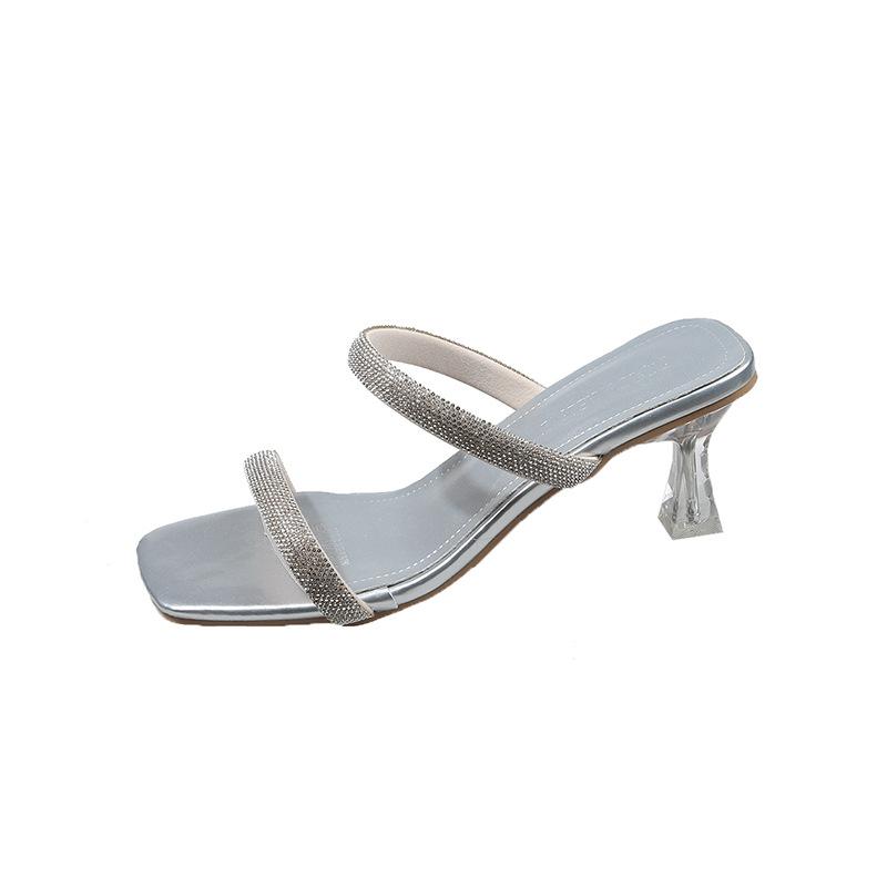 French Small Sandals To Wear Outside 2025 Summer New Niche High-end Rhinestone Thick Heels High Heels Fairy Word