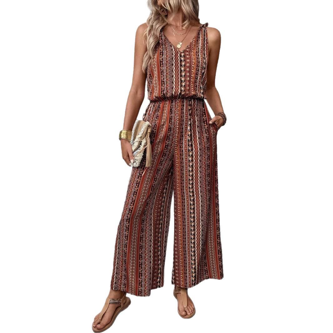 European & American Style Striped Spaghetti Strap Elastic Waist Jumpsuit (2025) XL