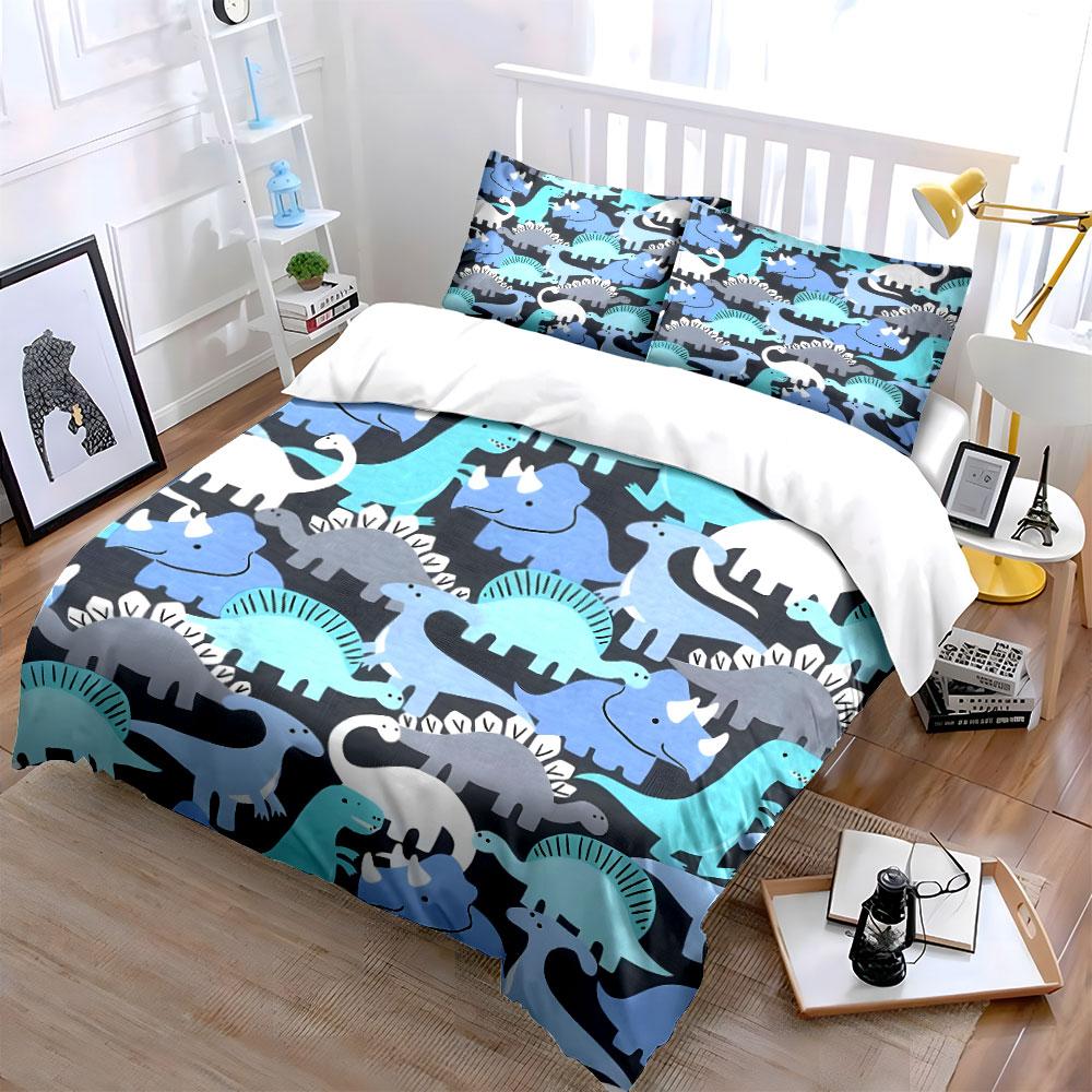 Cartoon Dinosaur Pattern Background Print Bedding Set 1 Duvet Cover 2 Pillowcases For Adult And Children Luxury Gift Full Size
