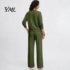 Solid Color Matching Sets Women Sweatshirt Pants 2-Piece Set, V-Neck Long Sleeve Top & Wide Fabric Fitness Clothing Leg Trousers with Elastic
