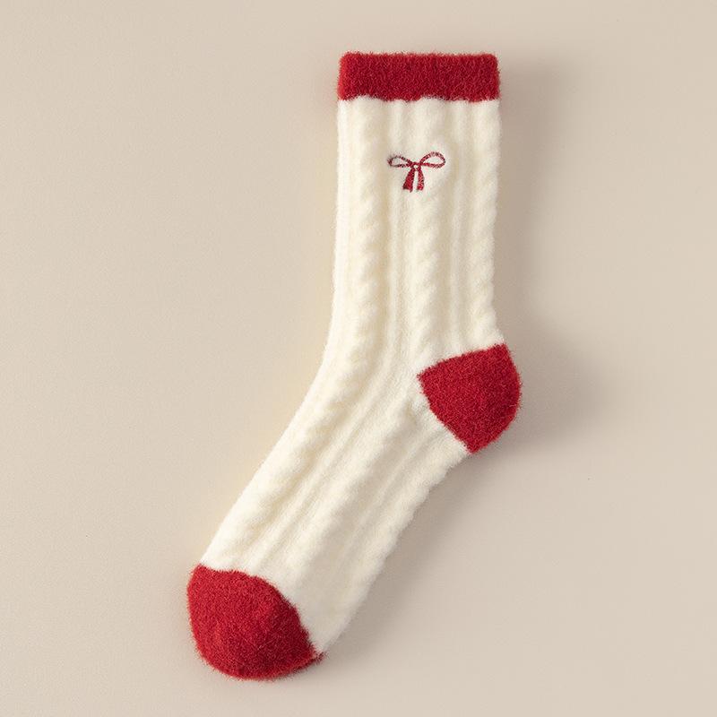 Red Australian Velvet Socks Female Cute Flower Bow Embroidered Medium Tube Socks Velvet Thickened Warm Winter Sleep Socks