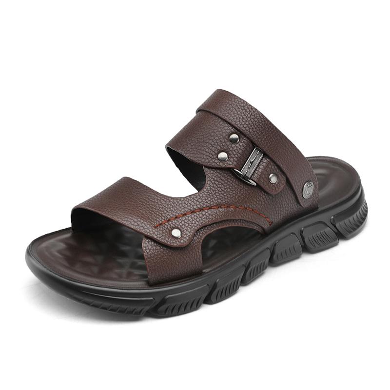 

Модные брендовые мужские пляжные сандалии из воловьей кожи с верхним слоем, летние дышащие сандалии с мягкой подошвой, нескользящие, быстросохнущие 43 коричневый