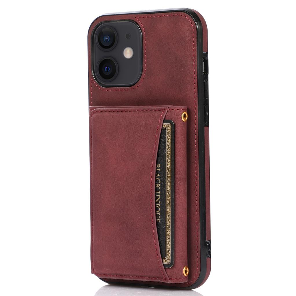 For iPhone 12 Mini 5.4 Inch Case Magnetic Button Tri-fold Wallet Kickstand PU Leather Coated TPU Cover