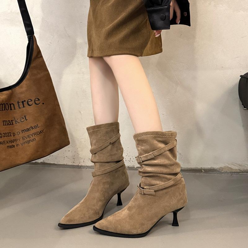 Pointed High-heeled Short Boots Women's 2025 New Autumn Retro Pleated Piled Boots Thin Heels Western Thin Boots