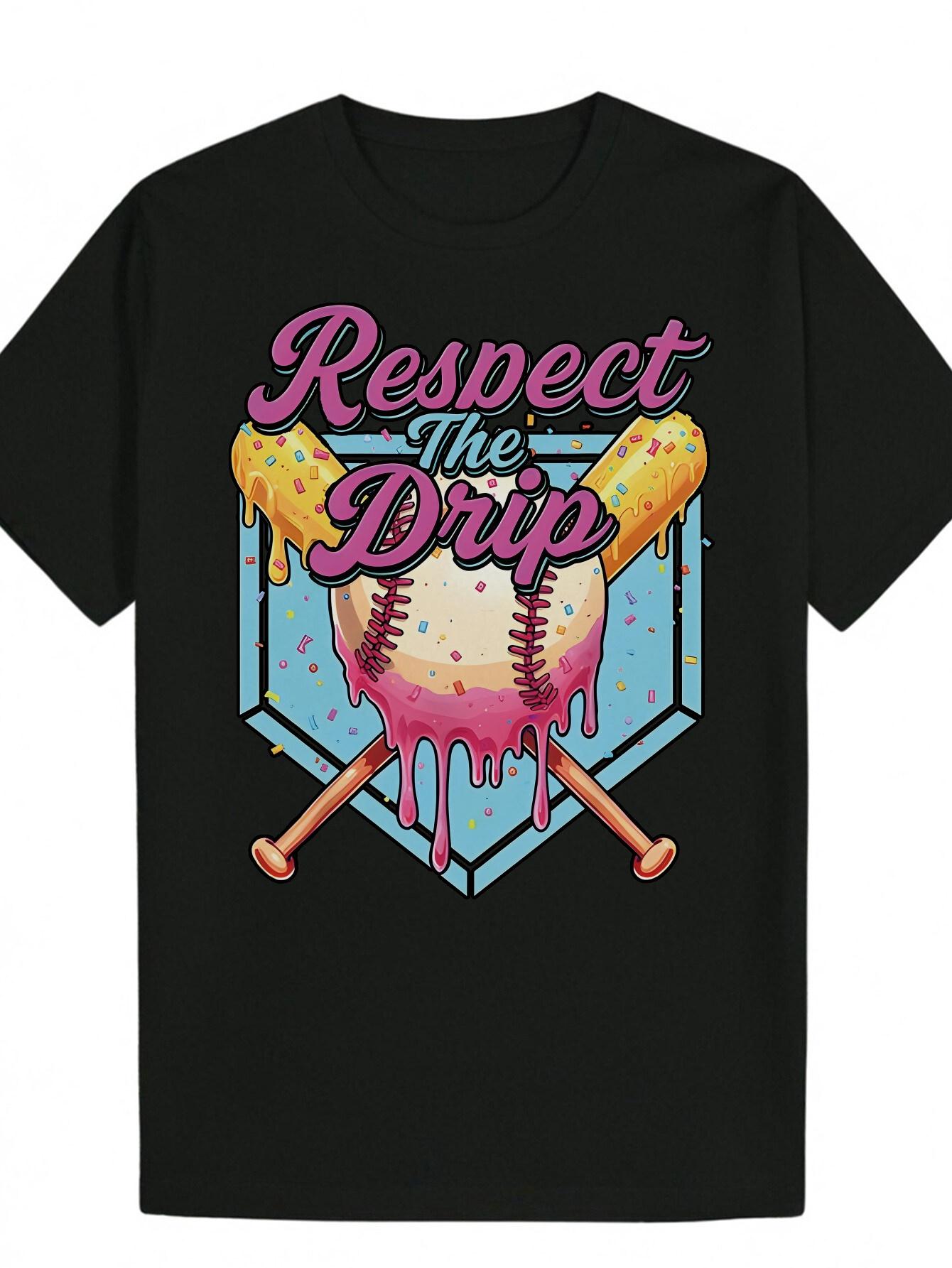 

Graphic T-shirt - Black Baseball-Inspired Respect The Drop Print with Dripping Softball & Bat Design S